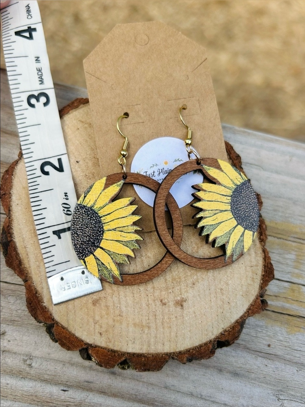 Sunflower Wooden Hoop Dangle Earrings Boho Floral Lightweight Handmade - Picture 3 of 3